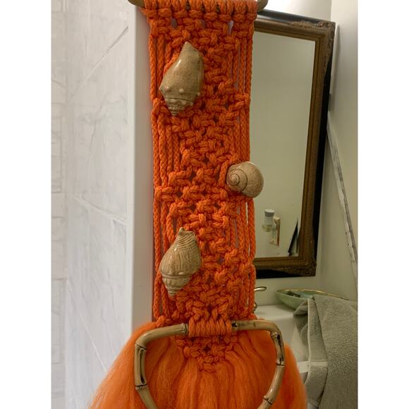 vintage orange macrame towel holder shell hippie - Picture 2 of 7